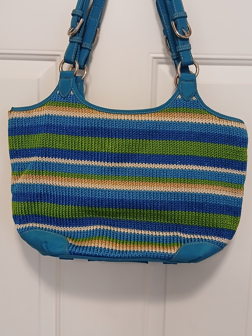 The Sak Blue & Green Striped Tote Bag - Casual Boho Women’s Shoulder Bag - Picture 4 of 11